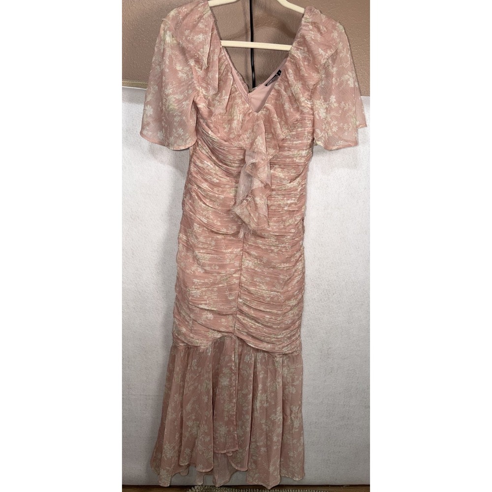Women Blush Pink Floral Flowy Fairy Ruched  pencil dress with lining Size 0